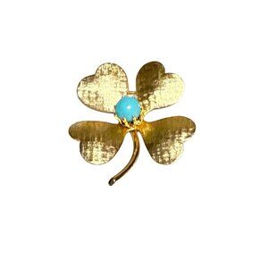 Vintage Gold Tone Clover Leaf Brooch with Turquoise Blue Cabochon Center